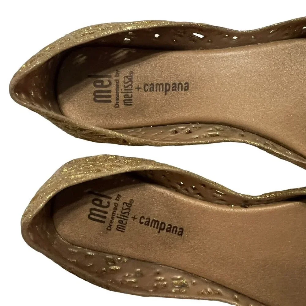 Mel Dreamed By Melissa + Campana Sz 2 Gold Glitter Zig Zag Flats